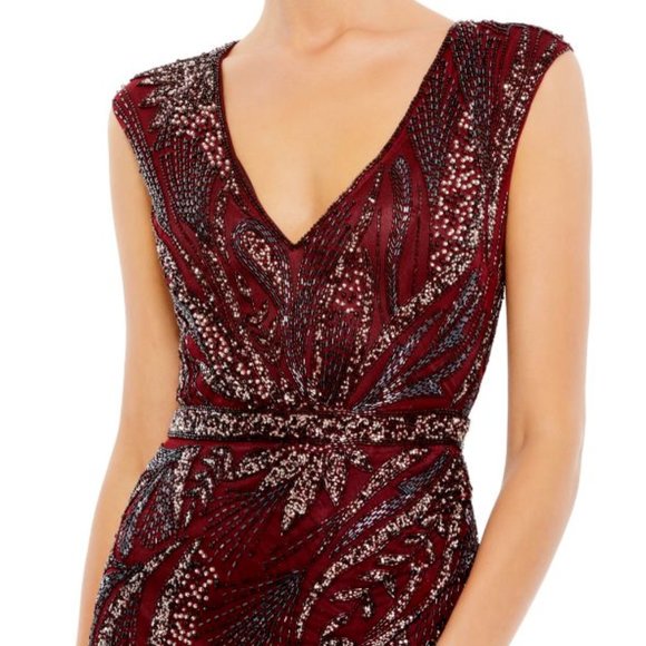 MAC DUGGAL 5227 BEADED CAP SLEEVE THIGH SLIT WINE/BURGUNDY GOWN sz 4 - Picture 4 of 6